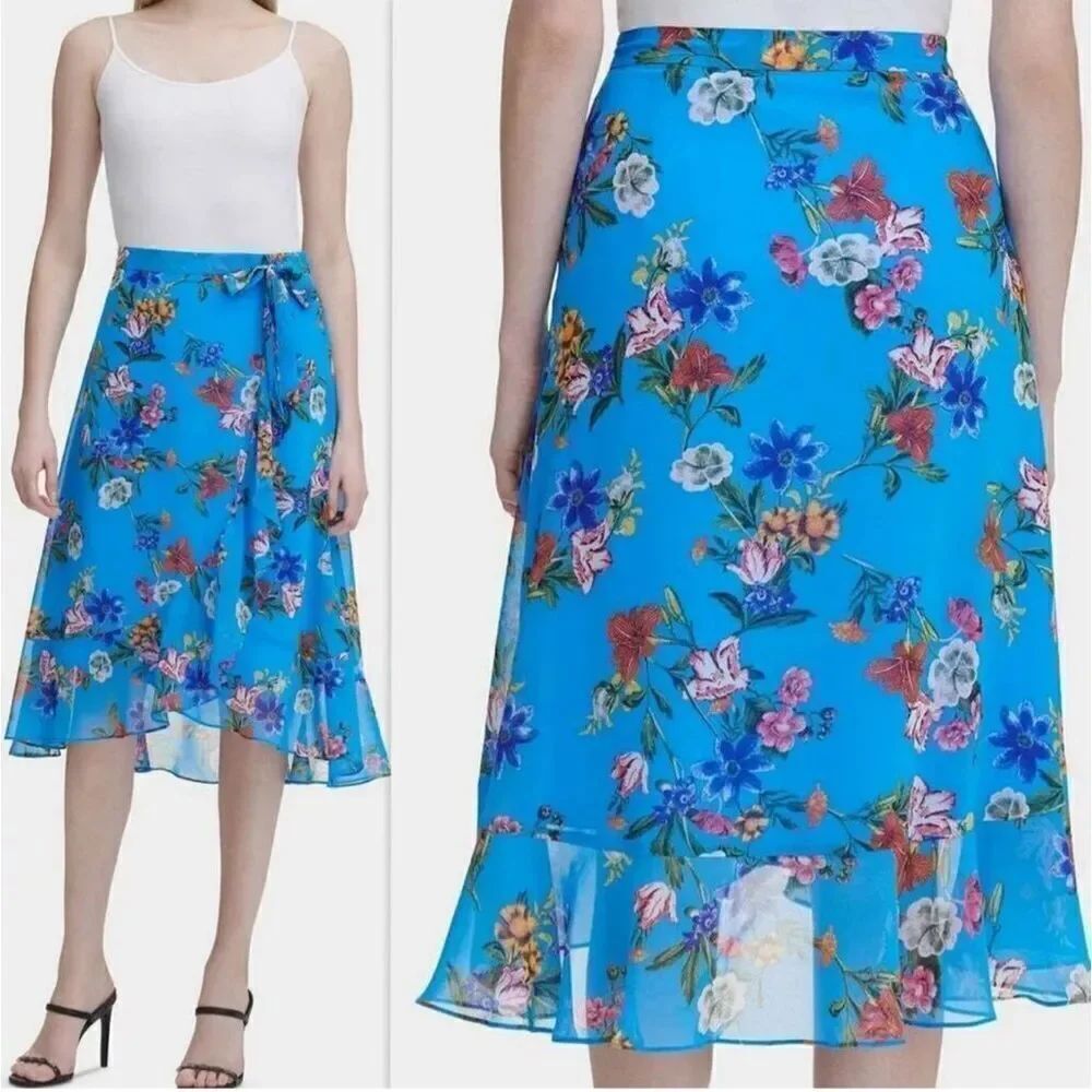 CALVIN KLEIN Floral Print Chiffon Ruffle Trim Faux Wrap Skirt Size 24W NWT